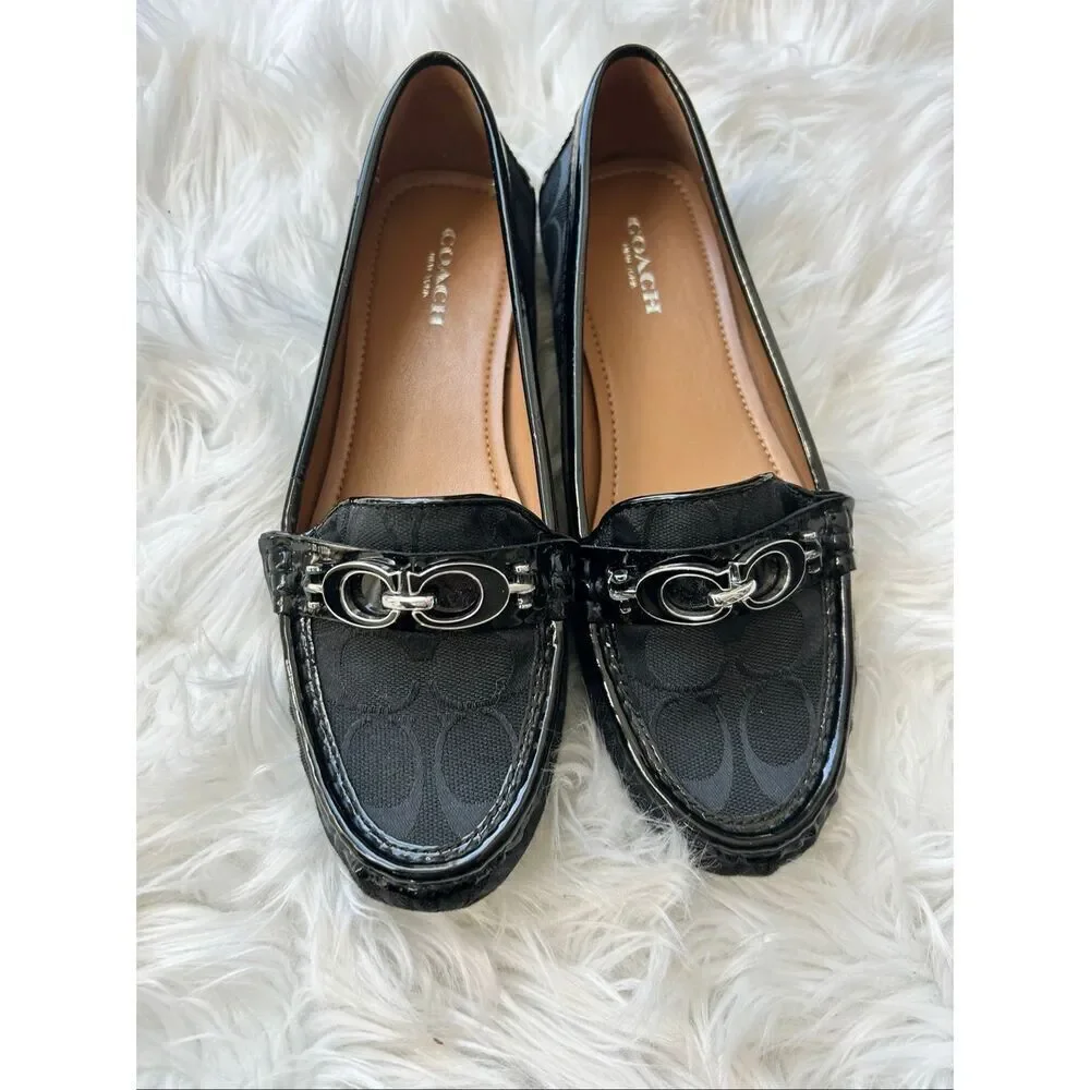 Coach Fortunata Buckle Loafers Size 7.5 B Signature Print Patent Leather Trim